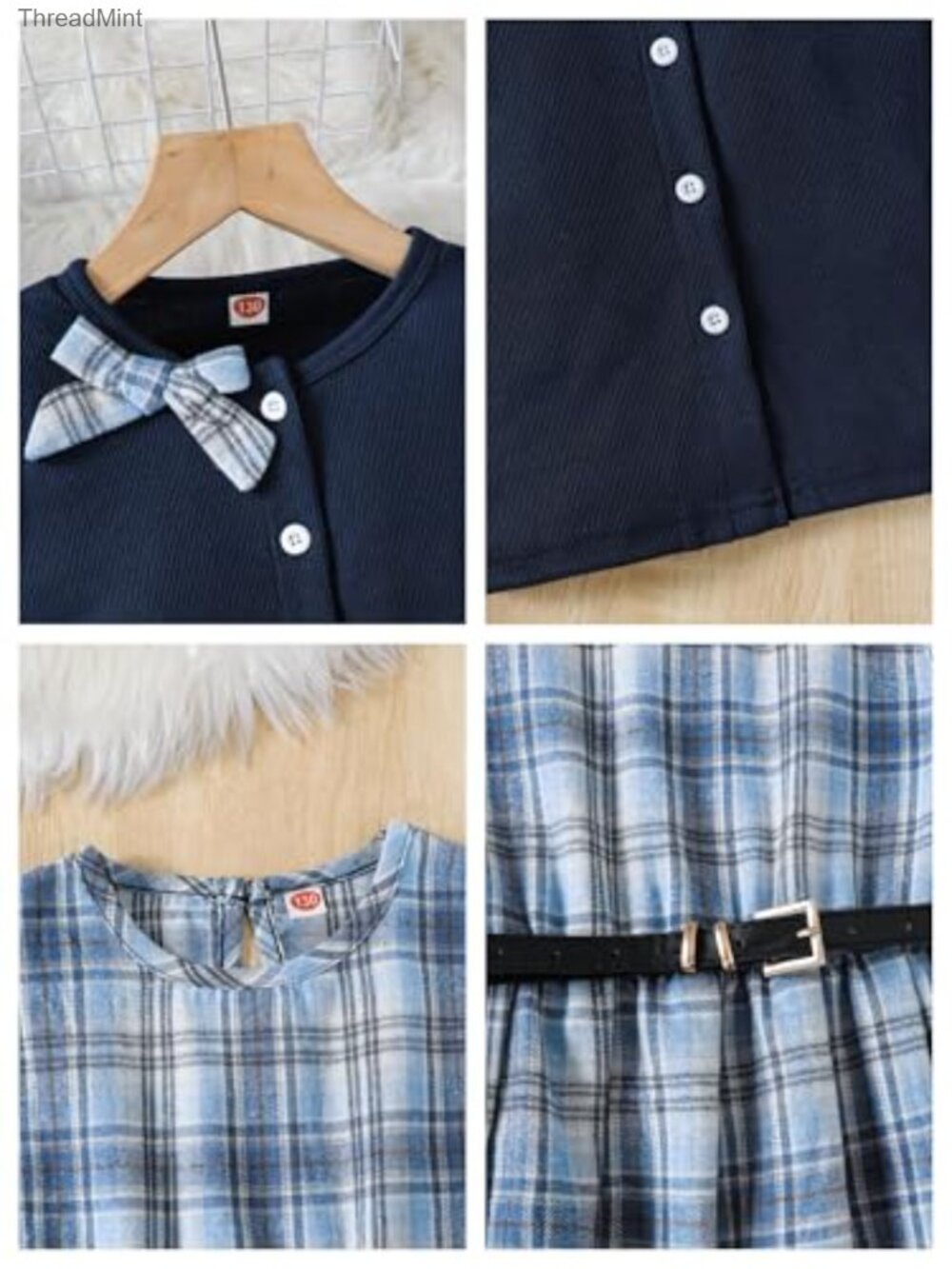 Girls Plaid Dress with Cardigan 3-Piece Outfit Set with Belt - Picture 3 of 6